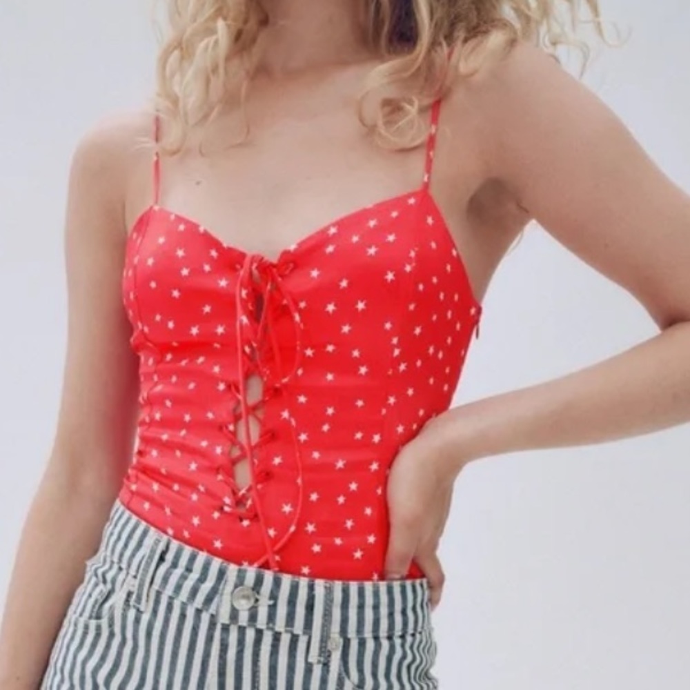NWT Zara Red Star Printed Satin Effect Bodysuit Size S